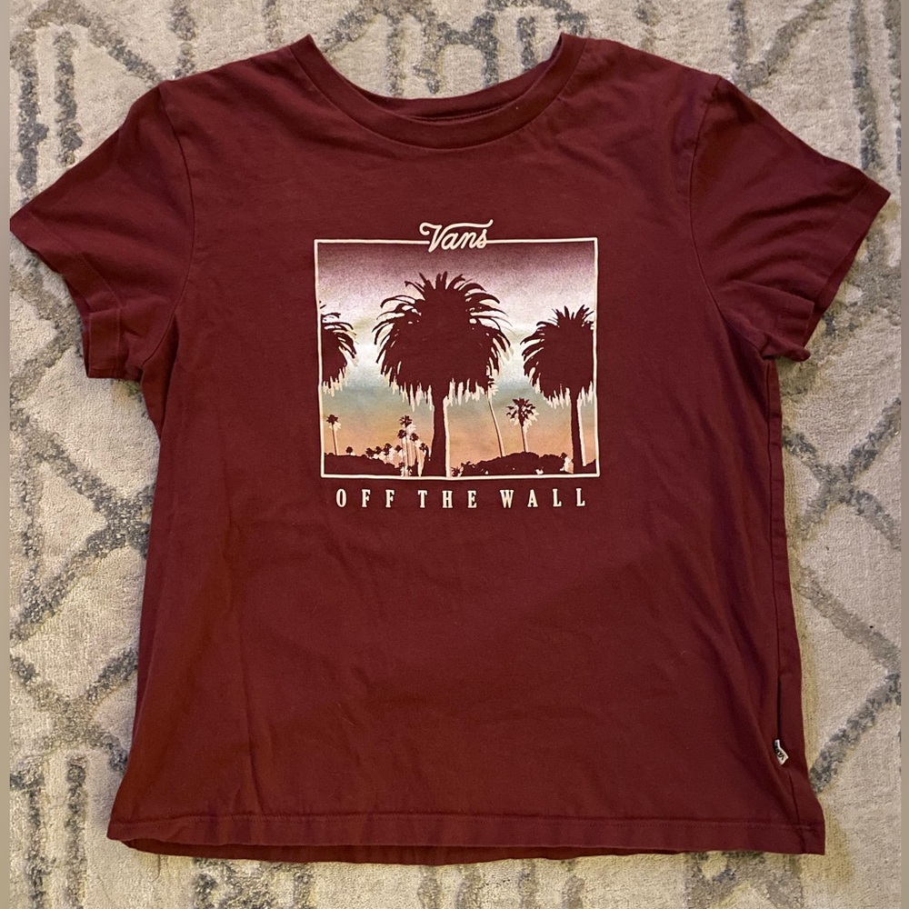 vans wine colored graphic tee shirt with palm tree print